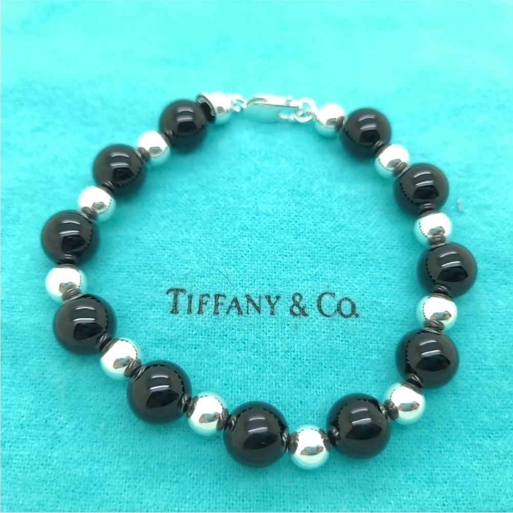 Tiffany & Co. 925 Sterling Silver & Black Onyx Beaded Ball 8" Inch Bracelet